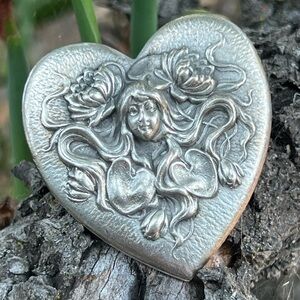 Vintage Art Nouveau Repoussé Silver-Tone Heart Brooch – Floral Woman Design